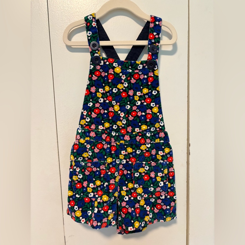 Mini Boden floral print velvet overalls/dungarees, navy blue, 6-7 years, EUC